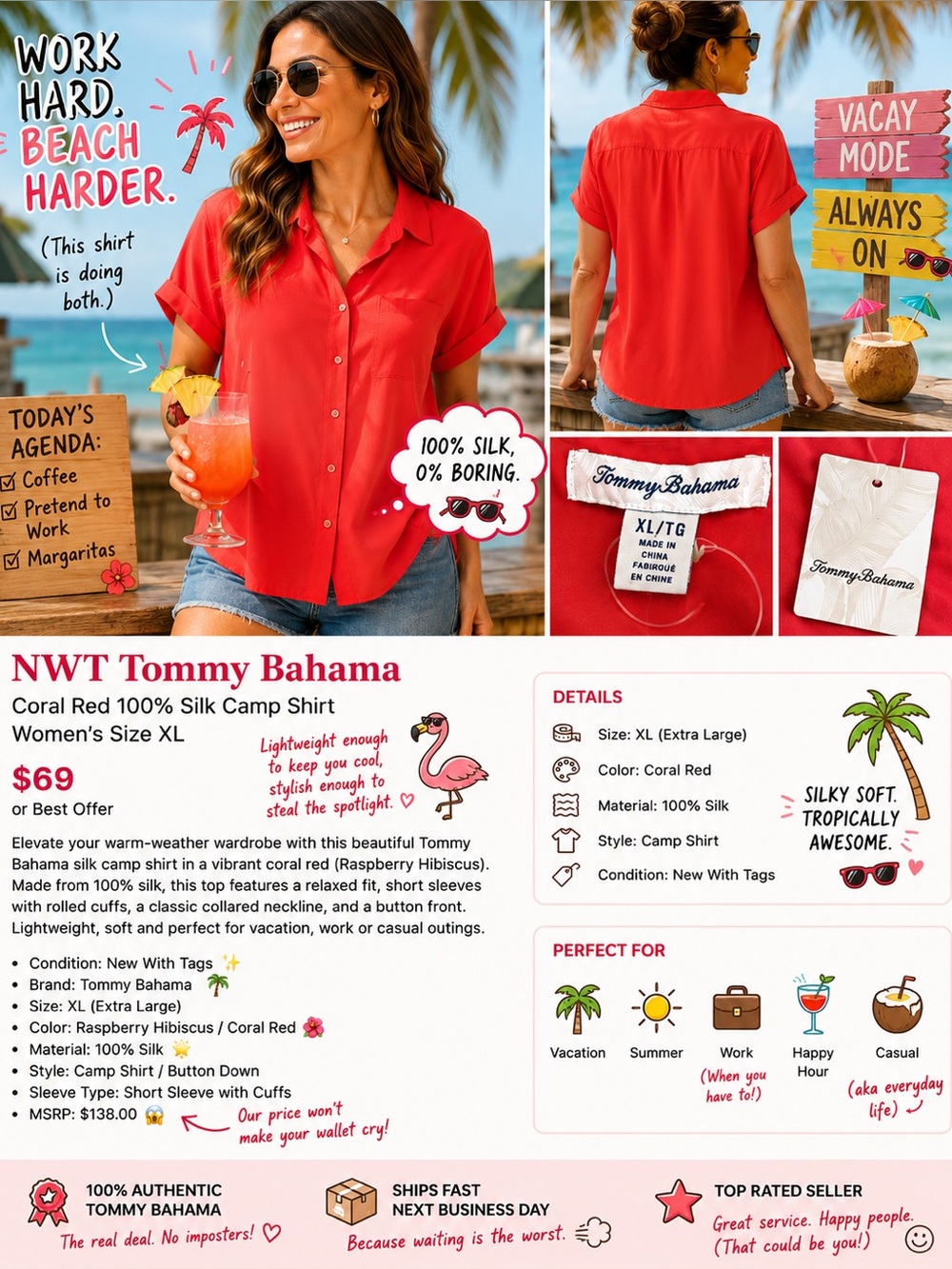 Tommy Bahama Raspberry Red Silk Button-Front Camp Shirt